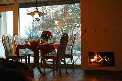 Tisch, Kamin und Blick auf die Terrasse und den Garten