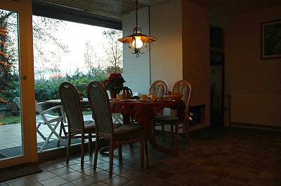 Essgruppe, Kamin, Terrasse, Fernseher (in der Ecke)